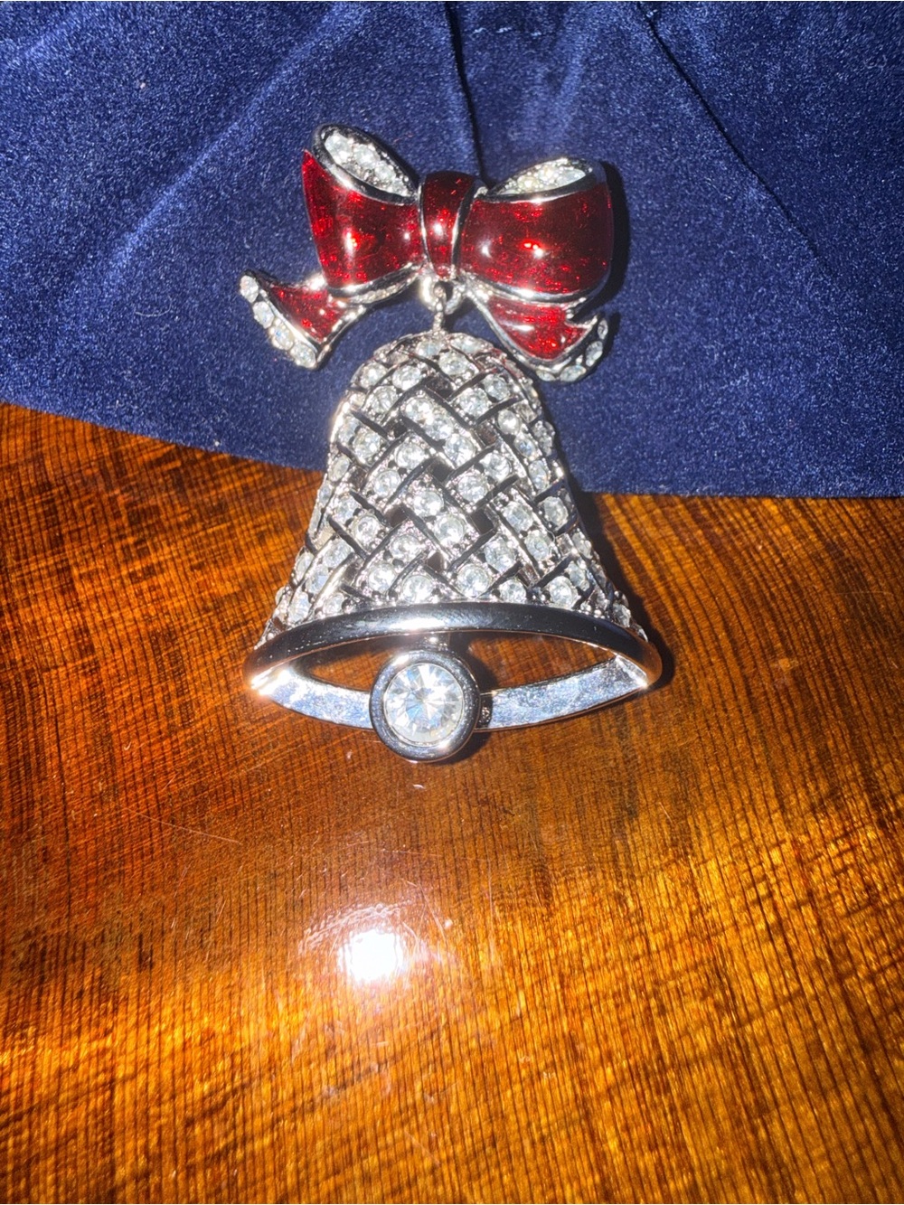 Red Bow and Silver Crystal Bell Brooch